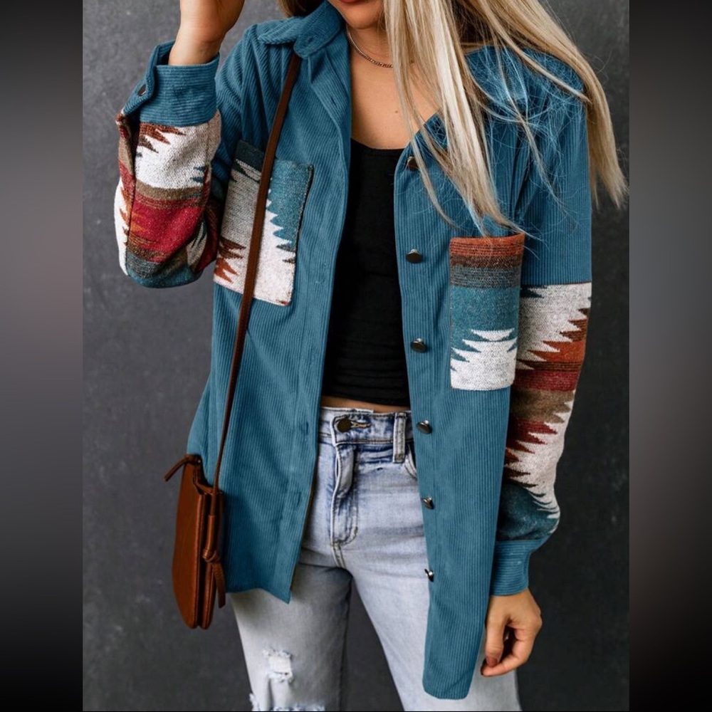 Cozy Boho Oversized Aztec Print Pocket Corduroy Jacket Shacket Button Down Shirt - Picture 3 of 7